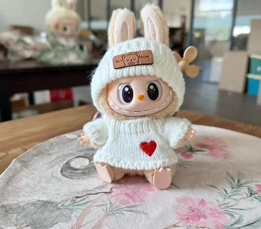 LABUBU Doll Clothes Set – Bear Hat & Love Sweater, DIY Accessories
